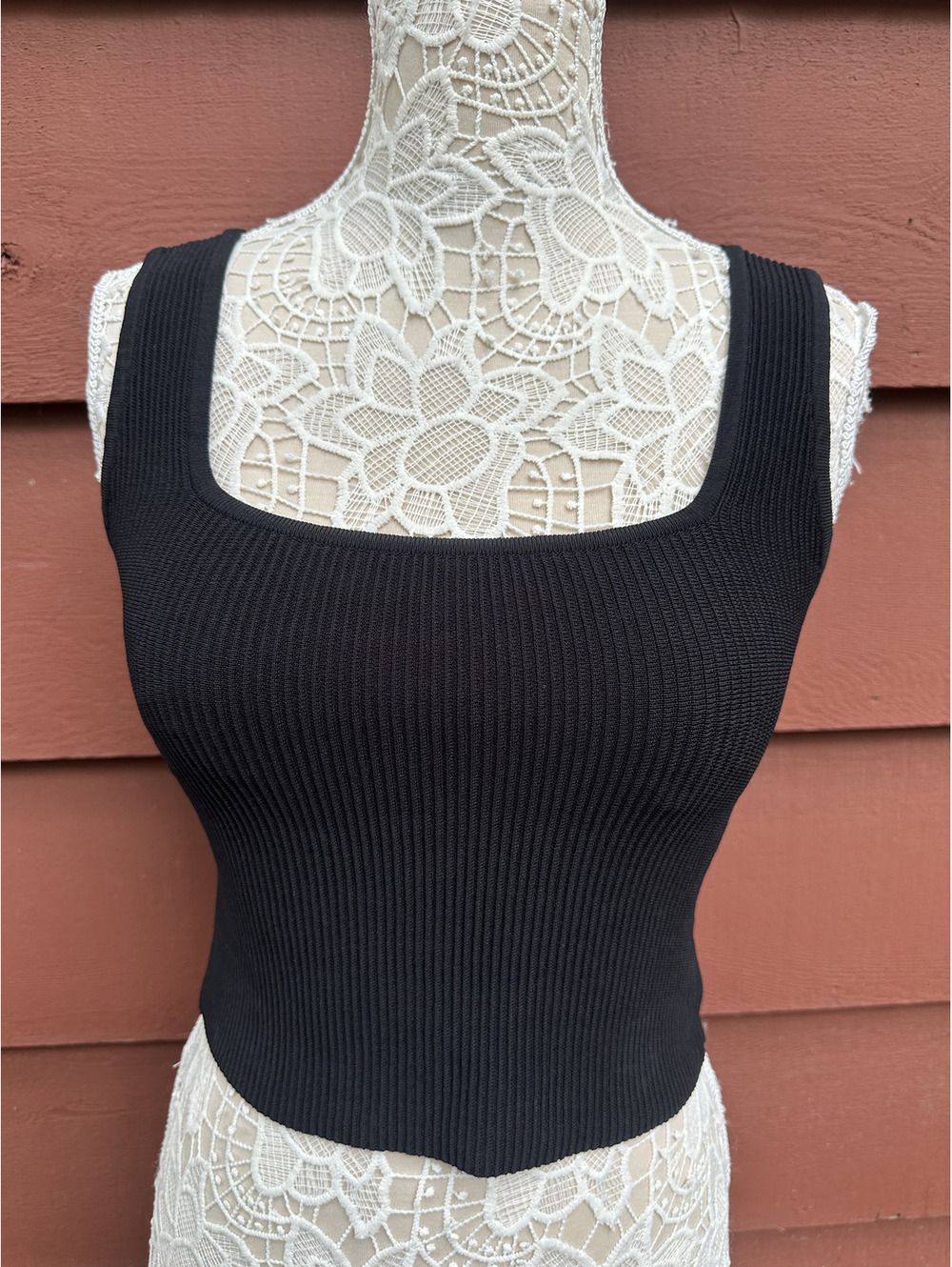 And Now This Black Ribbed Knit Square Neck Tank Top Minimalist 90s